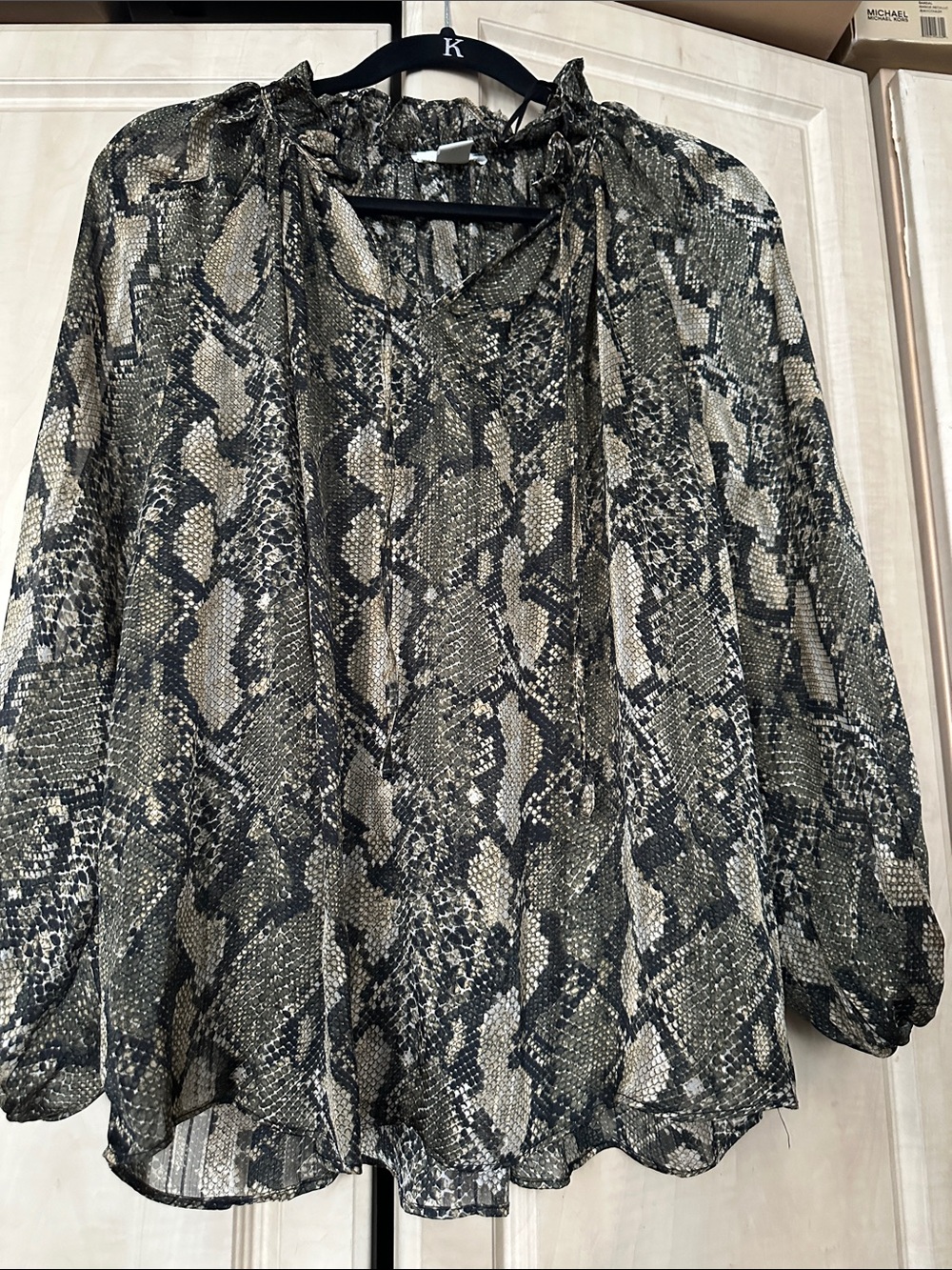 H&M Snake-Print Tie-Neck Blouse in Black & Cream